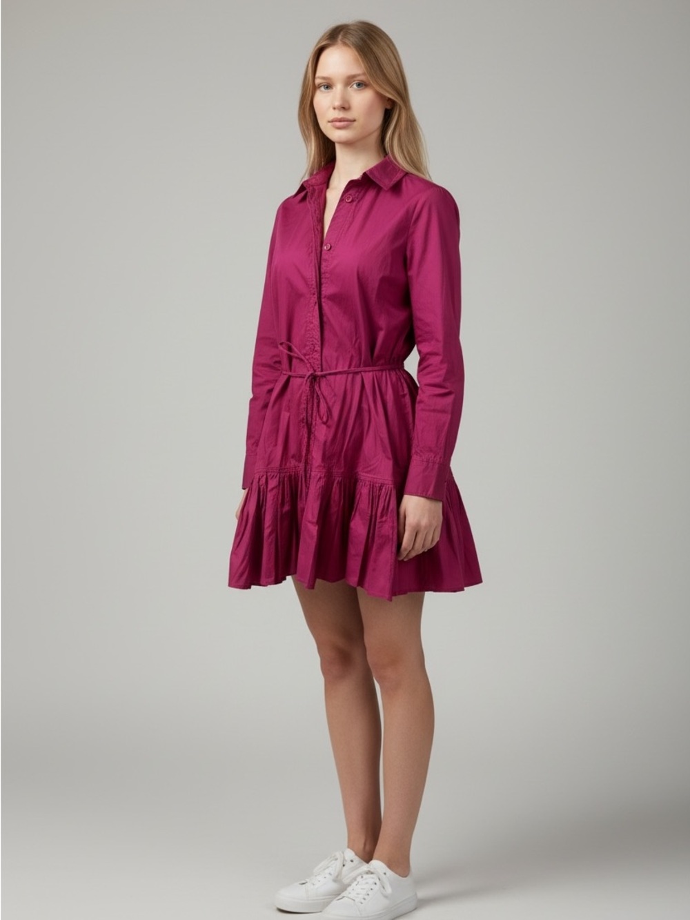 Jackie The Label Raspberry/Magenta Button-Front Ruffle Mini Dress – Size Small.